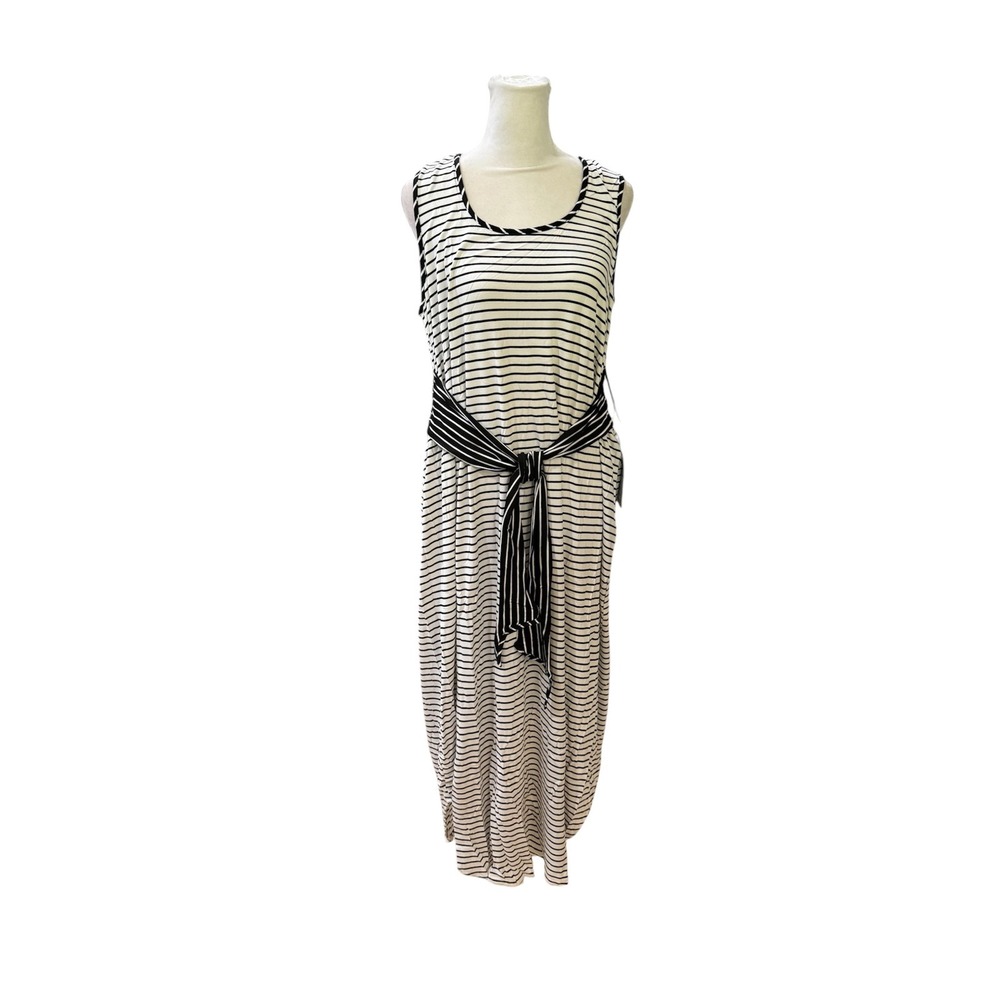London Times Woman Striped Sleeveless Maxi Dress White Black Tie‎ Waist 1X NEW
